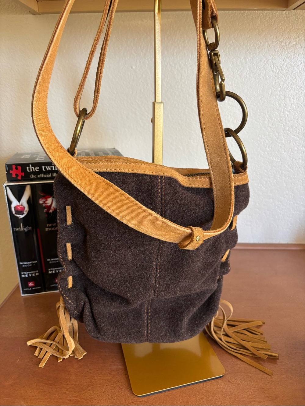 Lucky Brand Vintage Inspired Brown Wool Crossbody Bucket Bag with Tan Suede Trim